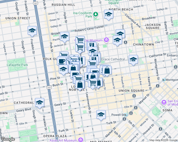 map of restaurants, bars, coffee shops, grocery stores, and more near 1255 California Street in San Francisco