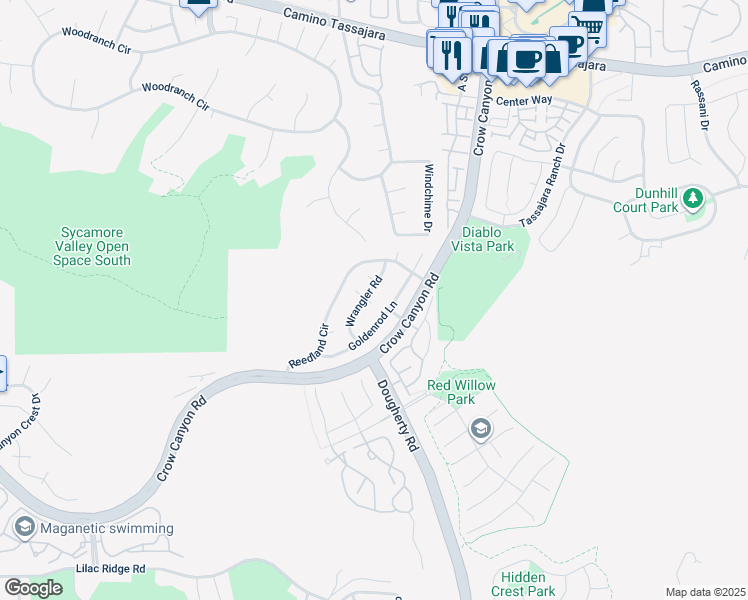 map of restaurants, bars, coffee shops, grocery stores, and more near 3061 Wrangler Road in San Ramon