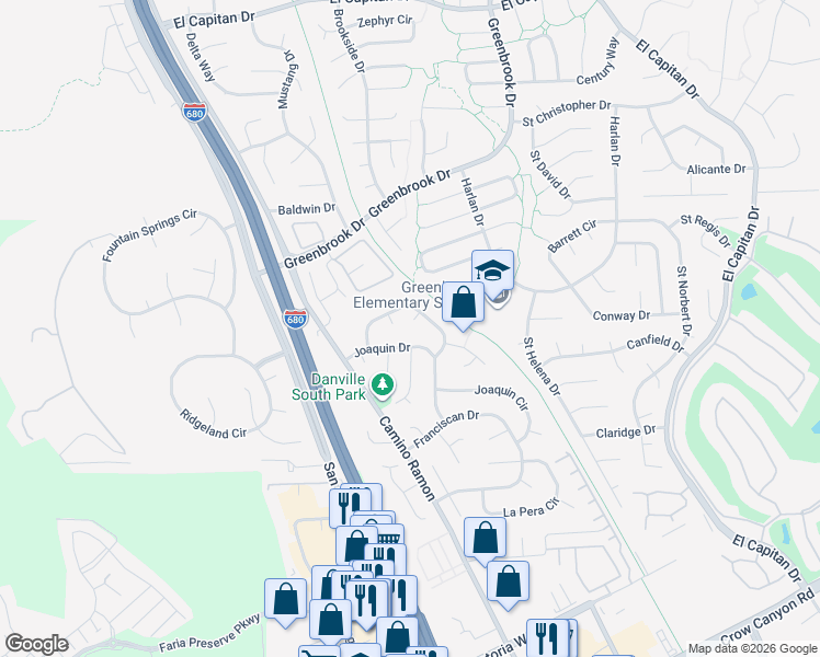 map of restaurants, bars, coffee shops, grocery stores, and more near 31 Junewood Court in Danville