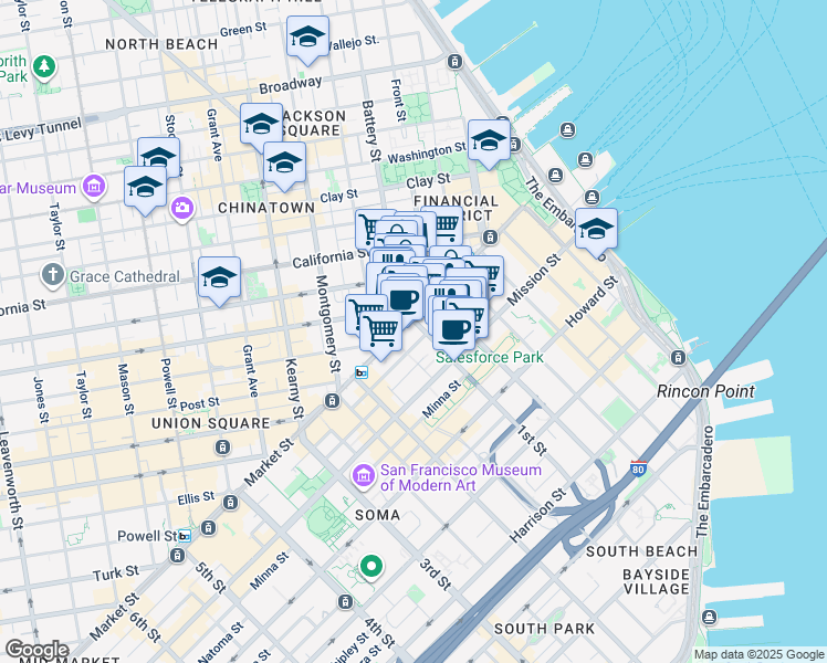 map of restaurants, bars, coffee shops, grocery stores, and more near 525 Market Street in San Francisco