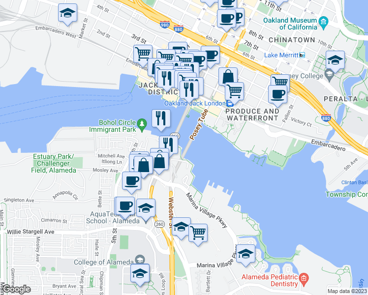 map of restaurants, bars, coffee shops, grocery stores, and more near 2394 Webster Street in Alameda