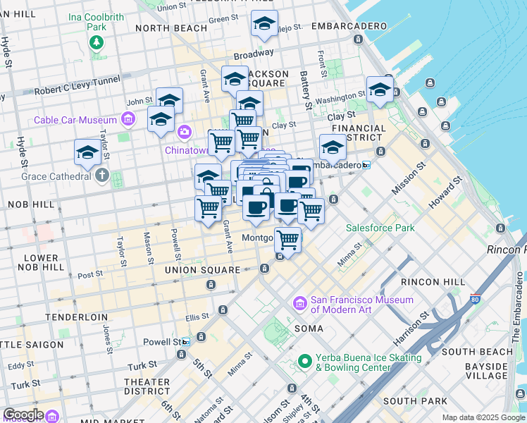 map of restaurants, bars, coffee shops, grocery stores, and more near 333 Bush Street in San Francisco