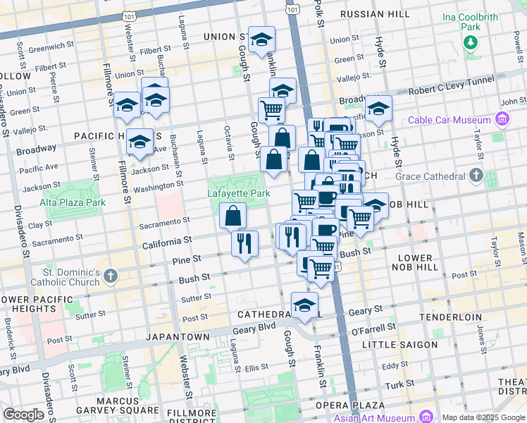 map of restaurants, bars, coffee shops, grocery stores, and more near 1900 Gough Street in San Francisco