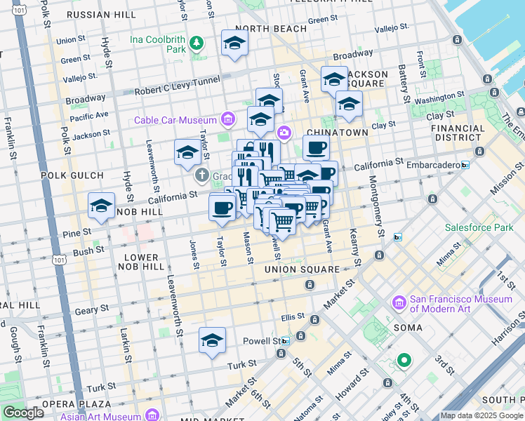 map of restaurants, bars, coffee shops, grocery stores, and more near 825 Pine Street in San Francisco