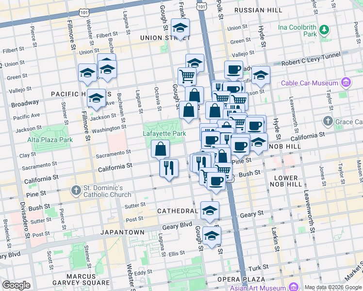 map of restaurants, bars, coffee shops, grocery stores, and more near in San Francisco