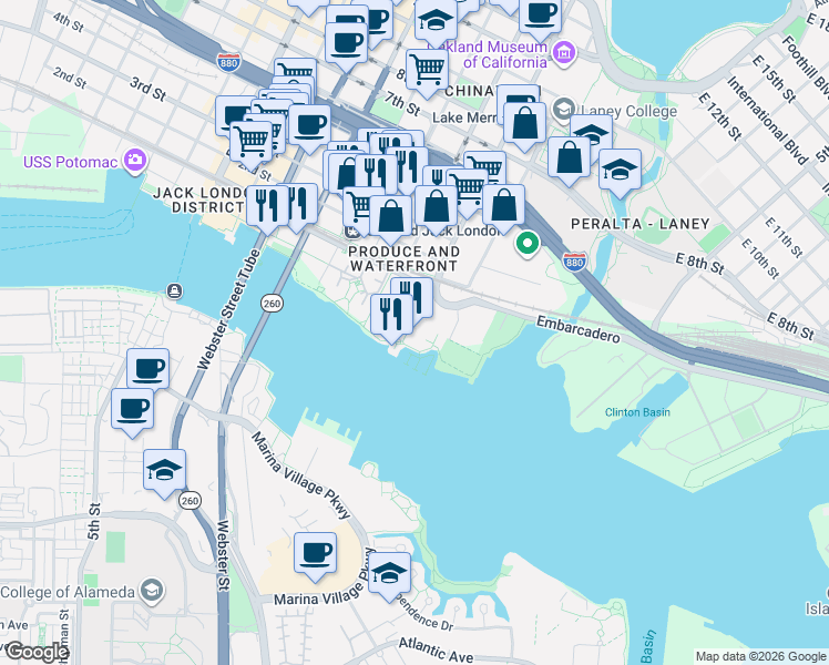 map of restaurants, bars, coffee shops, grocery stores, and more near 7 Embarcadero West in Oakland