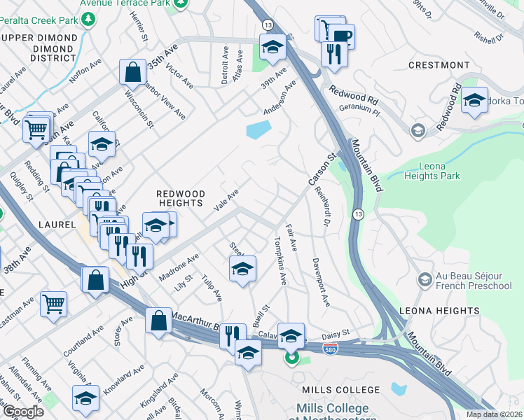 map of restaurants, bars, coffee shops, grocery stores, and more near 4317 Fair Avenue in Oakland