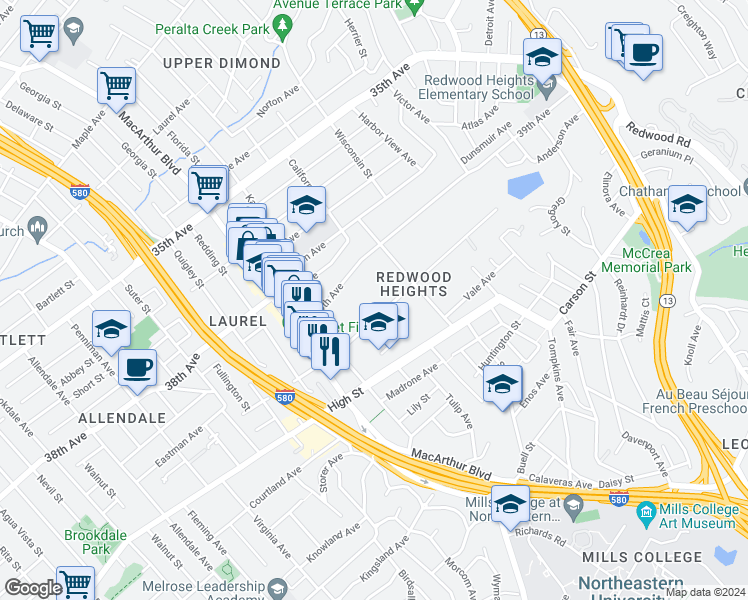 map of restaurants, bars, coffee shops, grocery stores, and more near 3833 Maybelle Avenue in Oakland
