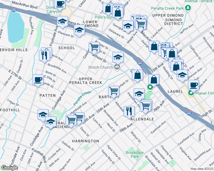 map of restaurants, bars, coffee shops, grocery stores, and more near 2737 Humboldt Avenue in Oakland