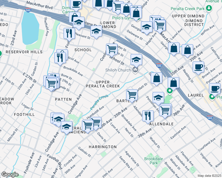 map of restaurants, bars, coffee shops, grocery stores, and more near 3301 Nicol Avenue in Oakland