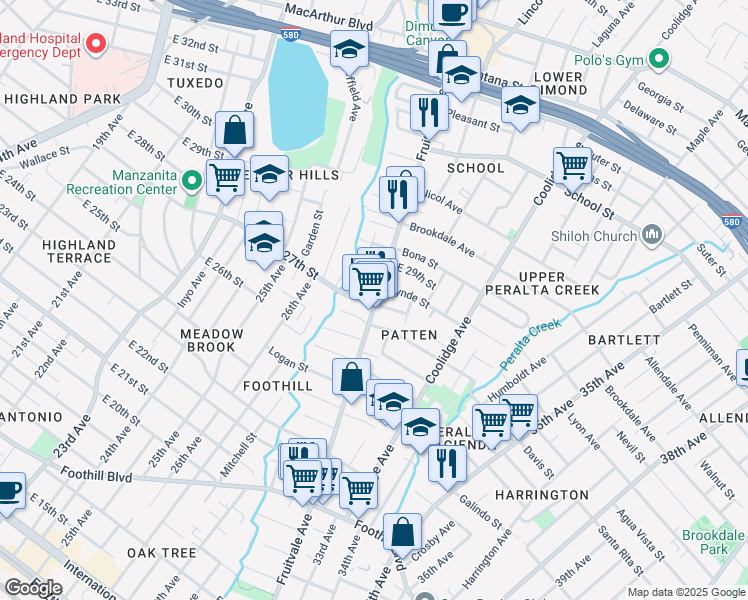 map of restaurants, bars, coffee shops, grocery stores, and more near 2727 Fruitvale Avenue in Oakland