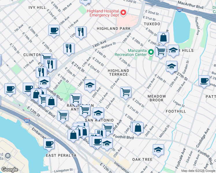 map of restaurants, bars, coffee shops, grocery stores, and more near 2000 East 21st Street in Oakland