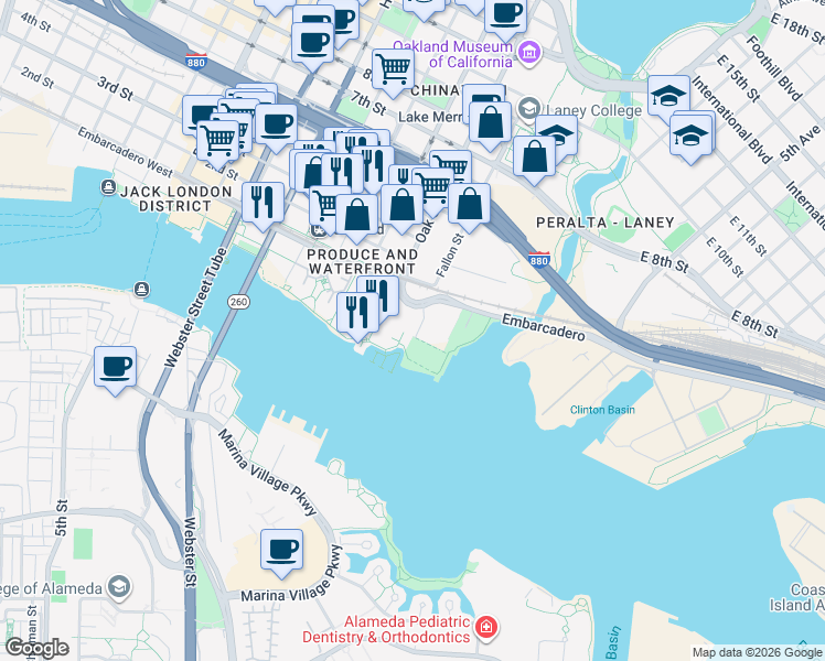 map of restaurants, bars, coffee shops, grocery stores, and more near 3 Embarcadero West in Oakland