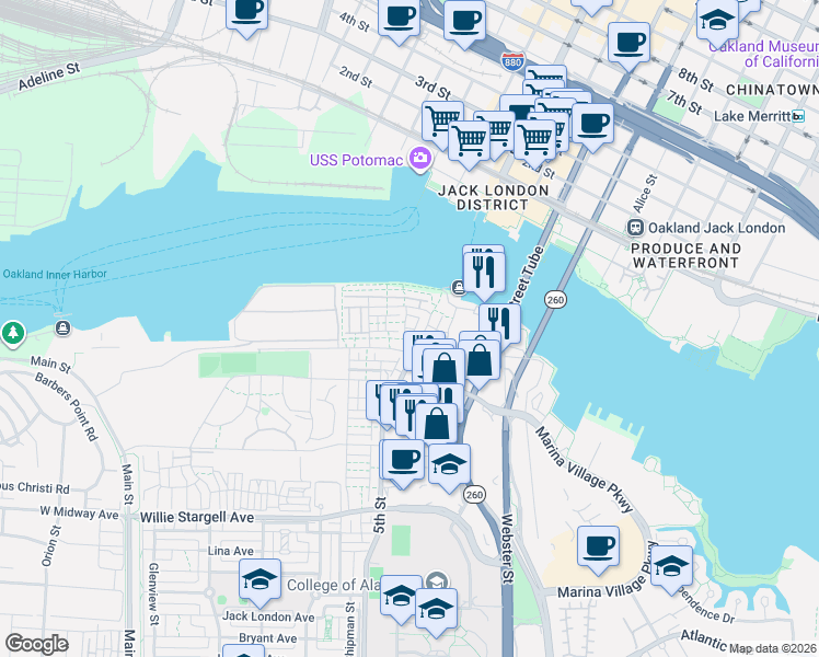 map of restaurants, bars, coffee shops, grocery stores, and more near 2868 5th Street in Alameda