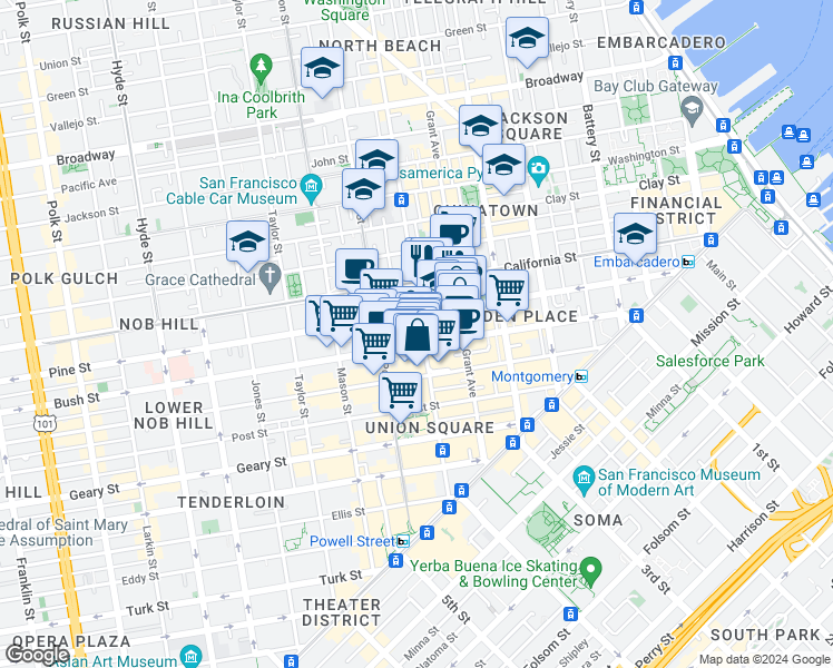 map of restaurants, bars, coffee shops, grocery stores, and more near 701 Pine Street in San Francisco