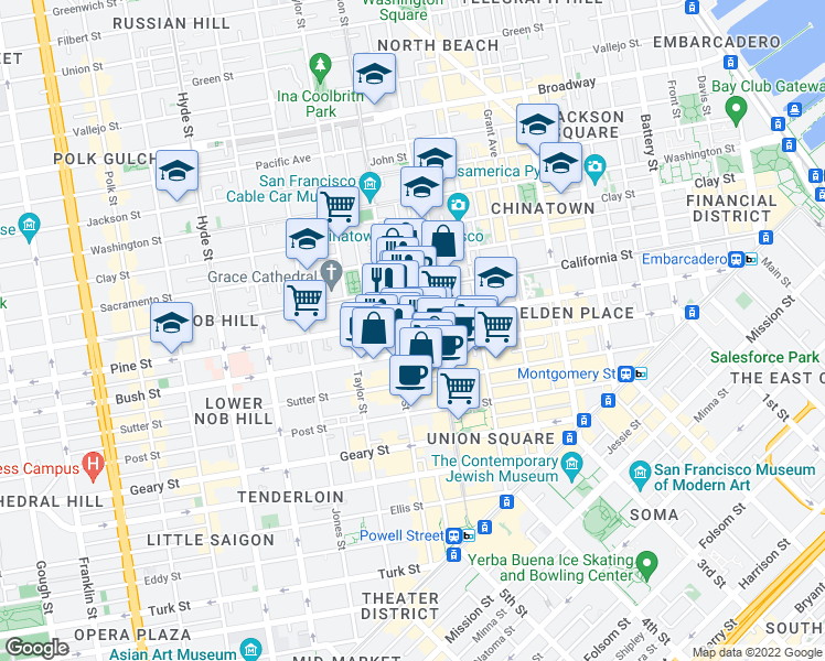 map of restaurants, bars, coffee shops, grocery stores, and more near 817 Mason Street in San Francisco