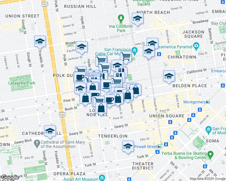 map of restaurants, bars, coffee shops, grocery stores, and more near in San Francisco
