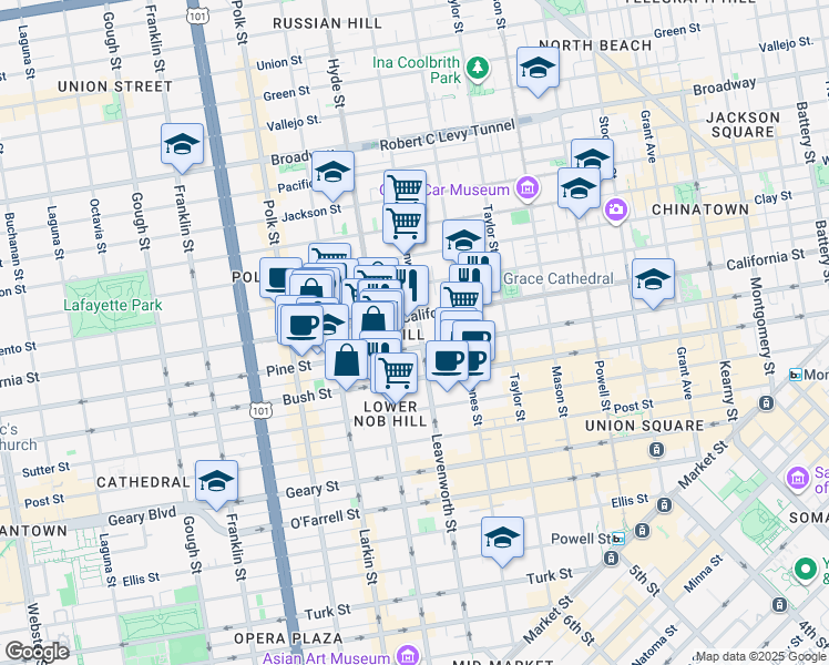 map of restaurants, bars, coffee shops, grocery stores, and more near 1398 California Street in San Francisco