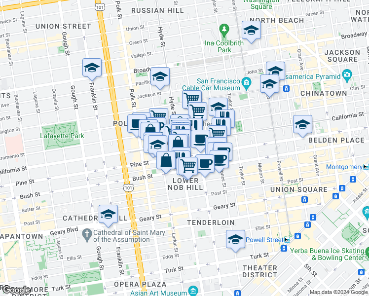 map of restaurants, bars, coffee shops, grocery stores, and more near 1398 California Street in San Francisco