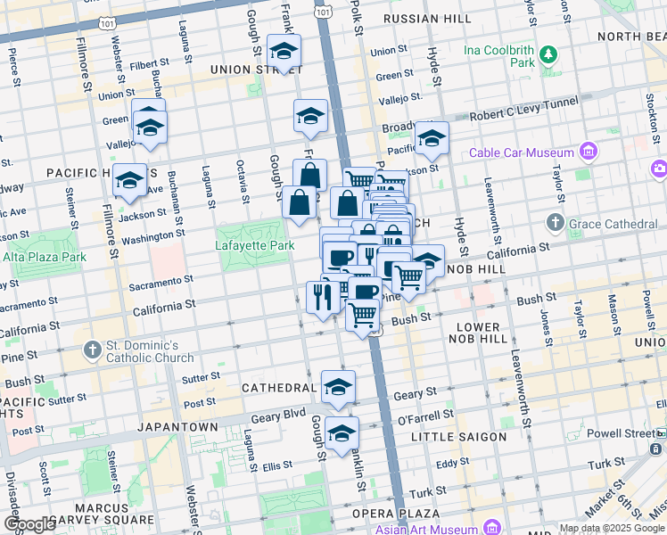 map of restaurants, bars, coffee shops, grocery stores, and more near 1700 Franklin Street in San Francisco