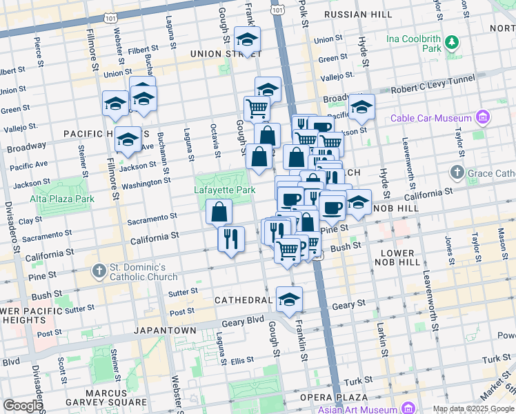 map of restaurants, bars, coffee shops, grocery stores, and more near 1900 Gough Street in San Francisco