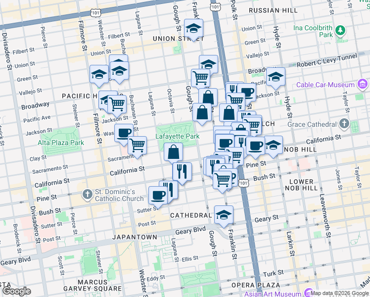 map of restaurants, bars, coffee shops, grocery stores, and more near in San Francisco