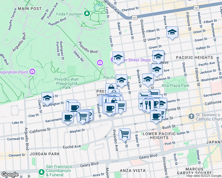 map of restaurants, bars, coffee shops, grocery stores, and more near 3119 Jackson Street in San Francisco
