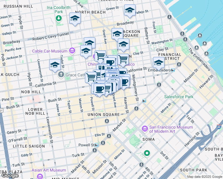 map of restaurants, bars, coffee shops, grocery stores, and more near 510 Bush Street in San Francisco