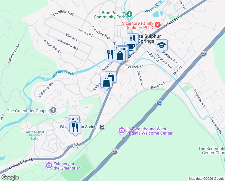 map of restaurants, bars, coffee shops, grocery stores, and more near 131 West Main Street in White Sulphur Springs