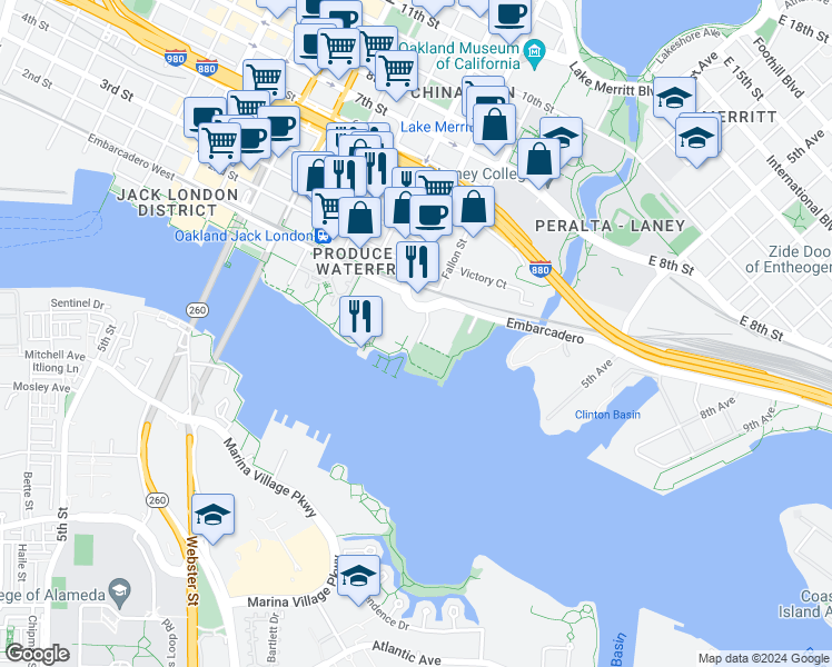 map of restaurants, bars, coffee shops, grocery stores, and more near 3 Embarcadero West in Oakland