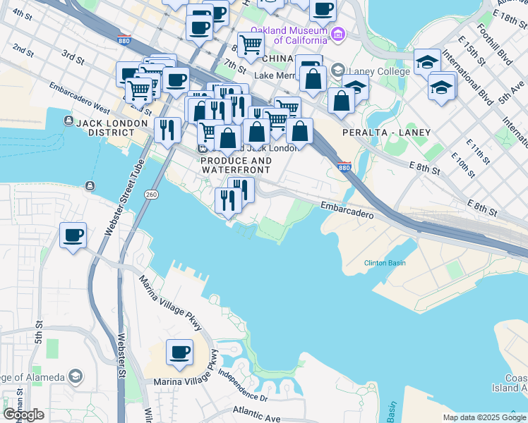 map of restaurants, bars, coffee shops, grocery stores, and more near 3 Embarcadero West in Oakland