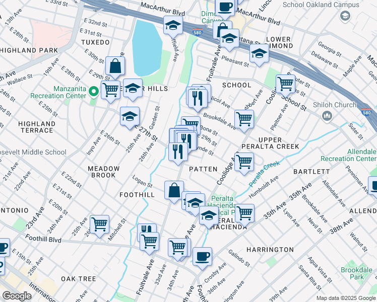 map of restaurants, bars, coffee shops, grocery stores, and more near 2708 Fruitvale Avenue in Oakland