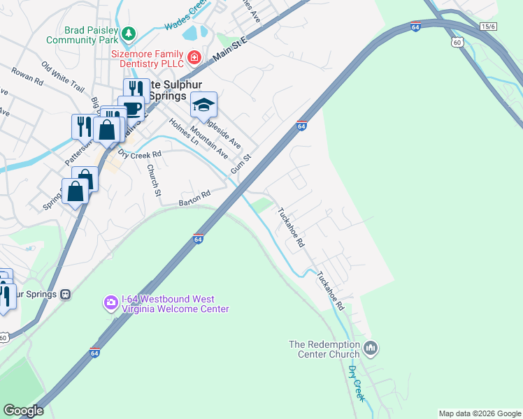 map of restaurants, bars, coffee shops, grocery stores, and more near 61 Sawmill Lane in White Sulphur Springs