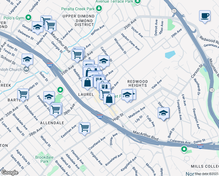 map of restaurants, bars, coffee shops, grocery stores, and more near 3681 39th Avenue in Oakland