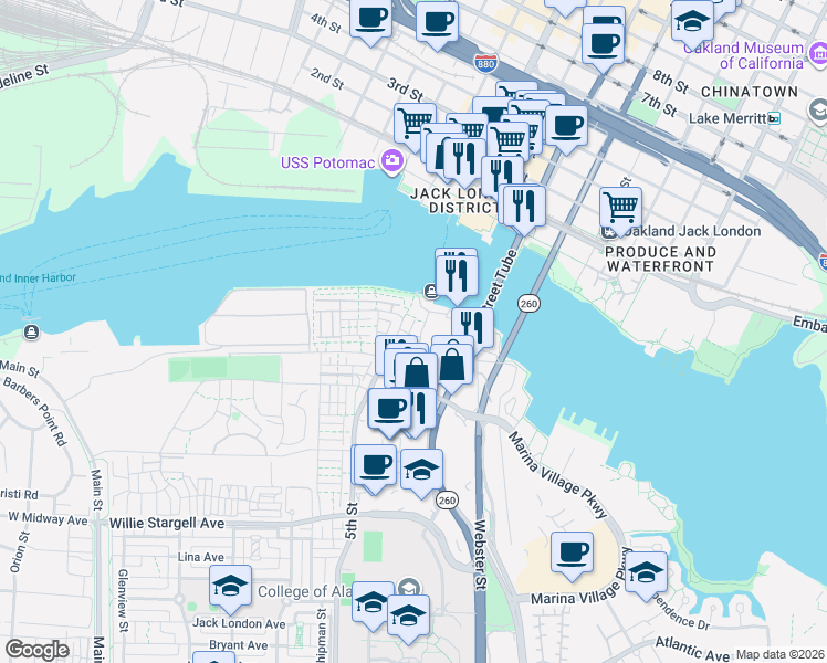 map of restaurants, bars, coffee shops, grocery stores, and more near 2499 Mariner Square Dr in Alameda