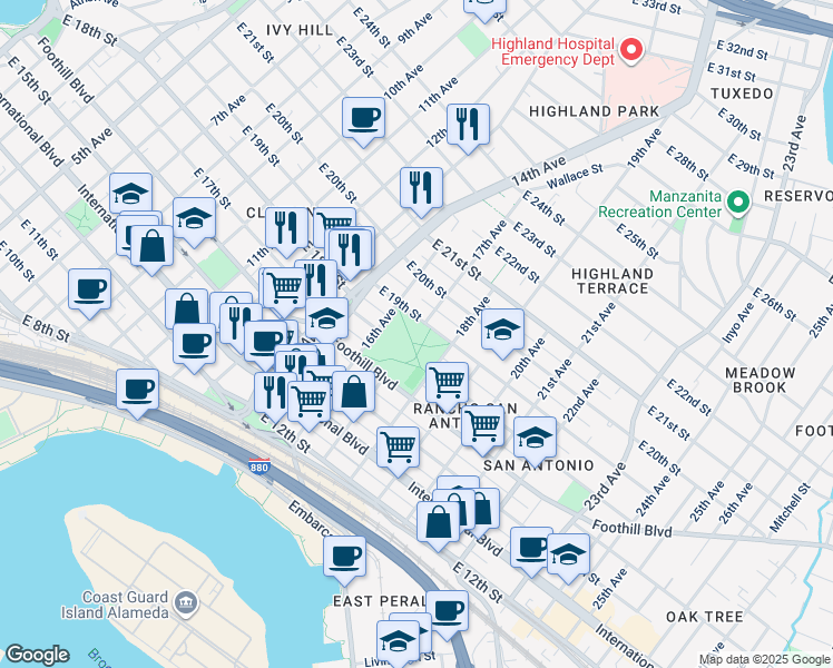map of restaurants, bars, coffee shops, grocery stores, and more near 1701 East 19th Street in Oakland