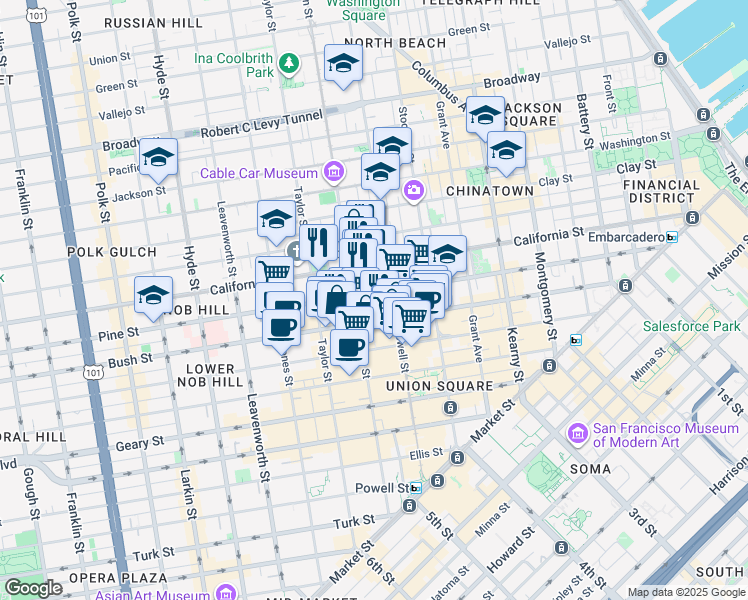 map of restaurants, bars, coffee shops, grocery stores, and more near 847 Pine Street in San Francisco