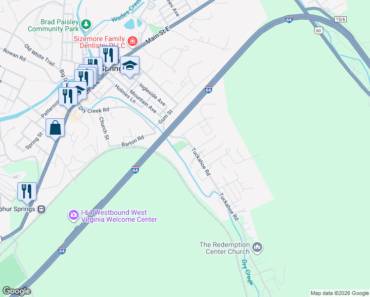 map of restaurants, bars, coffee shops, grocery stores, and more near 61 Sawmill Ln in White Sulphur Springs