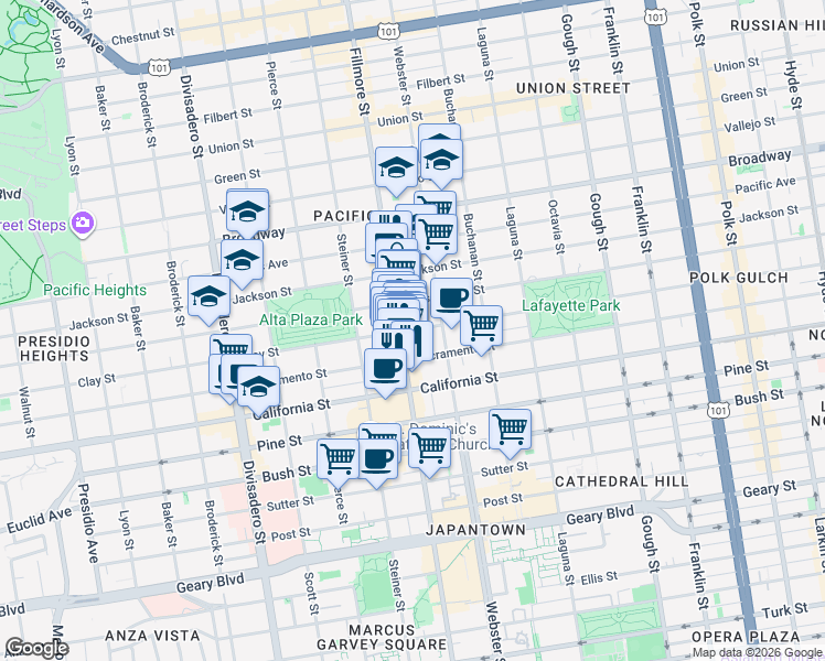 map of restaurants, bars, coffee shops, grocery stores, and more near 2473 Clay Street in San Francisco