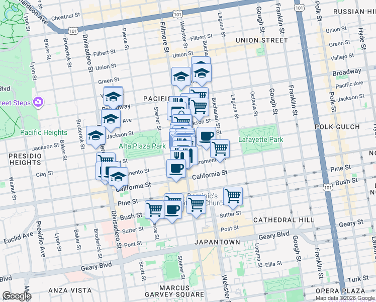 map of restaurants, bars, coffee shops, grocery stores, and more near 2475 Clay Street in San Francisco