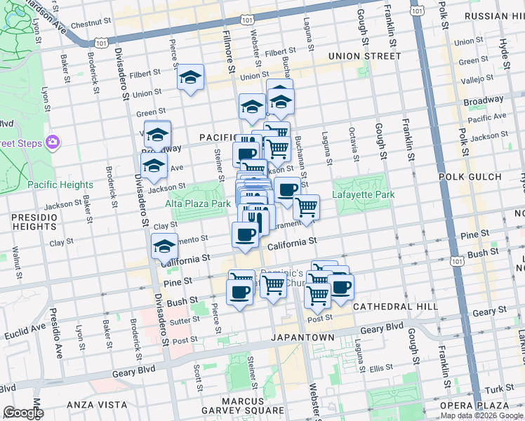 map of restaurants, bars, coffee shops, grocery stores, and more near 2471 Clay Street in San Francisco