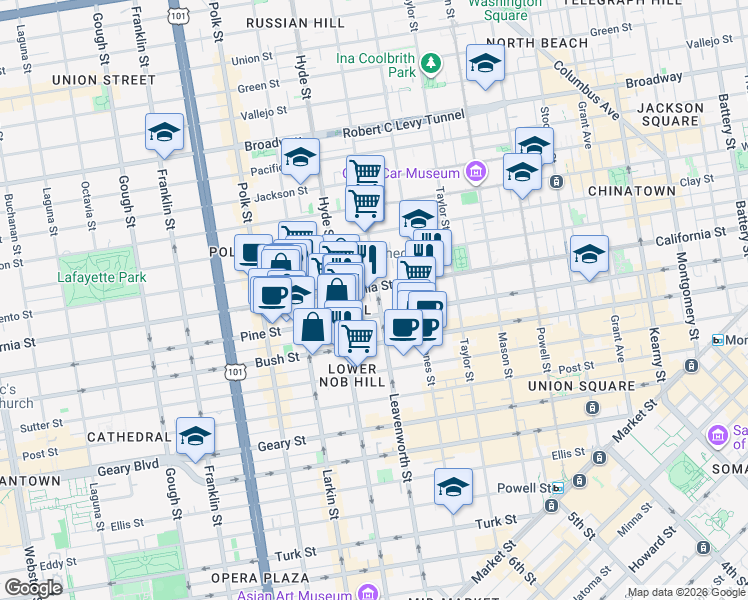 map of restaurants, bars, coffee shops, grocery stores, and more near 1398 California Street in San Francisco