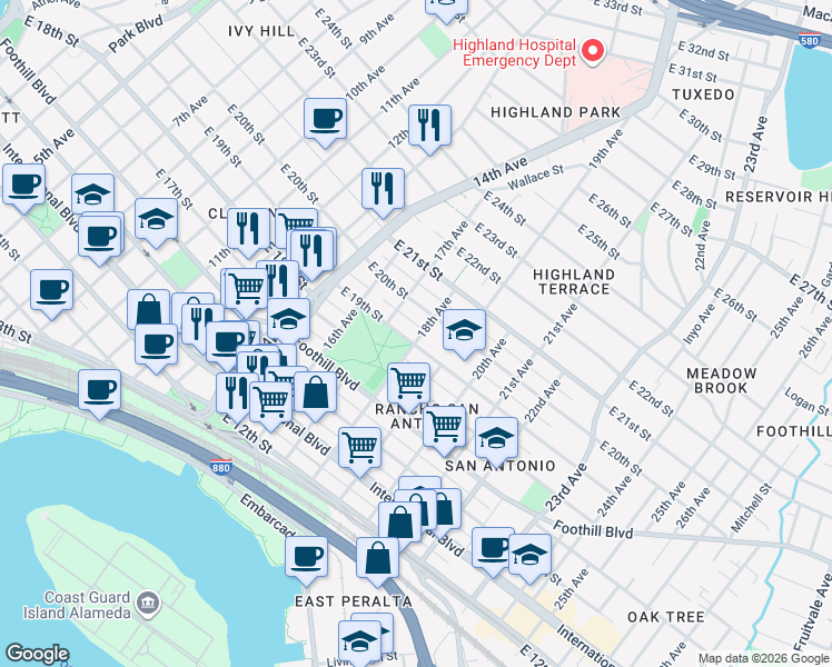 map of restaurants, bars, coffee shops, grocery stores, and more near 1714 East 19th Street in Oakland