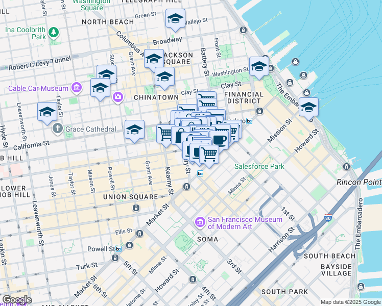 map of restaurants, bars, coffee shops, grocery stores, and more near 180 Montgomery Street in San Francisco
