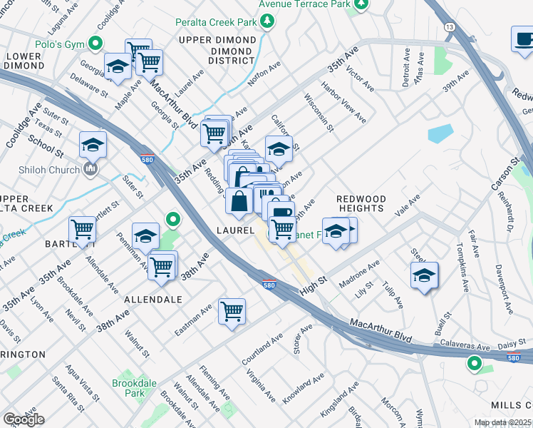 map of restaurants, bars, coffee shops, grocery stores, and more near 3932 MacArthur Boulevard in Oakland