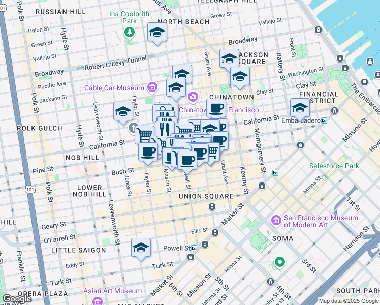 map of restaurants, bars, coffee shops, grocery stores, and more near in San Francisco