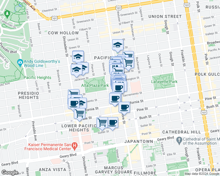 map of restaurants, bars, coffee shops, grocery stores, and more near 2574 Clay Street in San Francisco