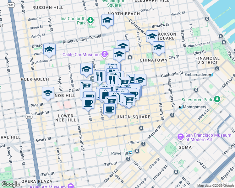 map of restaurants, bars, coffee shops, grocery stores, and more near 845 Pine Street in San Francisco