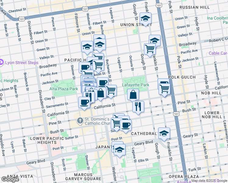 map of restaurants, bars, coffee shops, grocery stores, and more near 2240 Buchanan Street in San Francisco