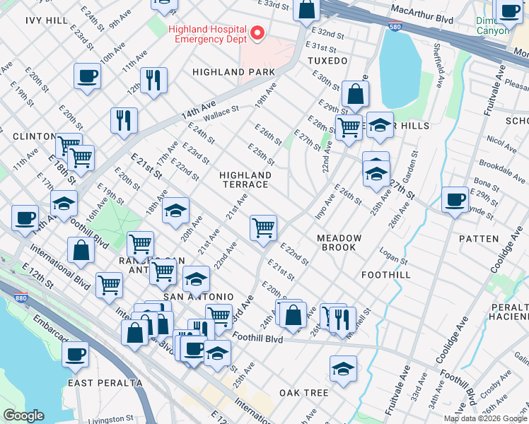 map of restaurants, bars, coffee shops, grocery stores, and more near 2137 East 23rd Street in Oakland